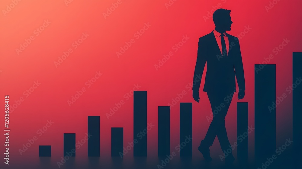 Silhouetted Businessperson Navigating Graphical Landscape of Corporate Data and Silhouetted Businessperson Navigating Graphical Landscape of Corporate Data and