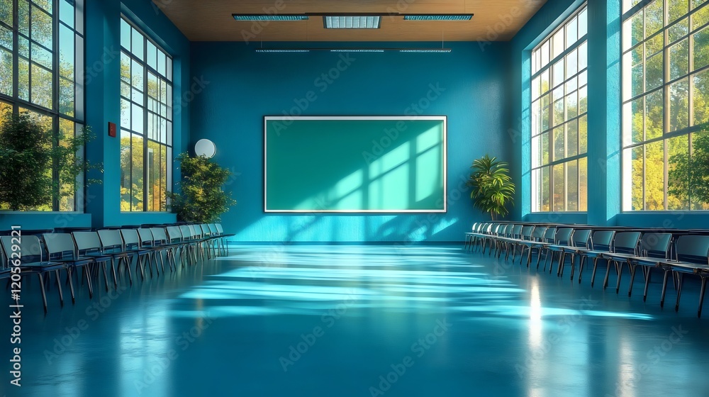 A large room with a green board on the wall and many chairs A large room with a green board on the wall and many chairs