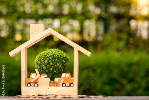 Stacked gold coin and money bag of tree with growing put in the wooden home model on the wood on bokeh background in the public park, Business investment and loans for real estate concept.