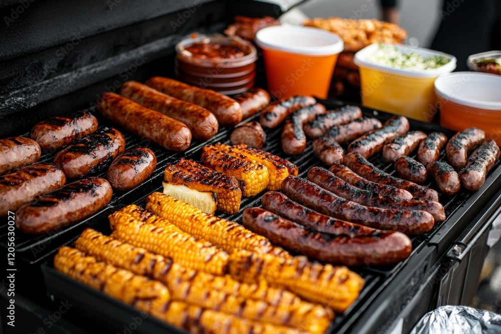 A large grill packed with various wurst sausages and veggies, surrounded by condiments and grilling tools A large grill packed with various wurst sausages and veggies, surrounded by condiments and grilling tools