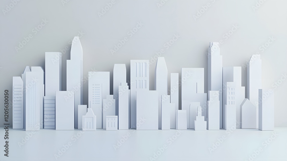 Elegant Minimalist Paper-Style 3D City Skyline with Layered Blocks and Soft Shadows