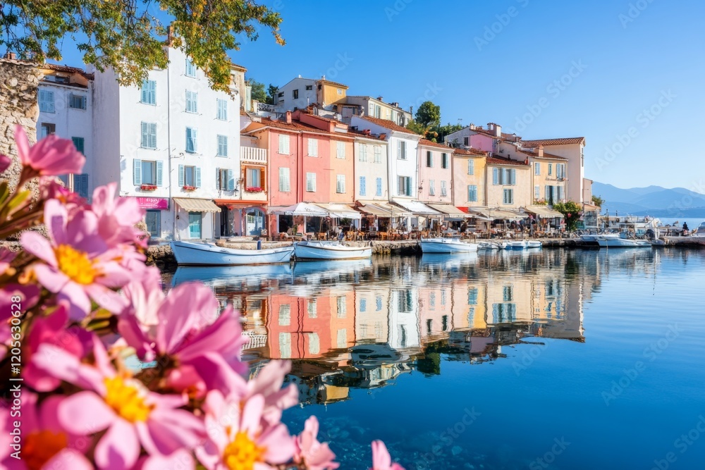 Obraz premium A luxury yacht moored in a Mediterranean village, with charming pastel buildings and a bustling marketplace nearby