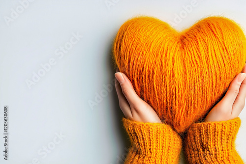 Ein orangefarbenes Wollherz, liebevoll in Händen gehalten, mit passendem gestricktem Pullover photo