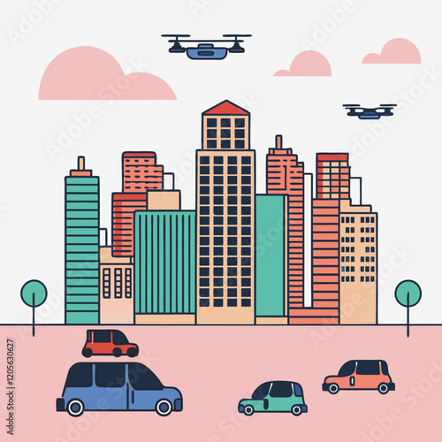 Modern Cityscape with Buildings, Cars, and Drone Illustrating Urban Mobility and Smart City Concepts