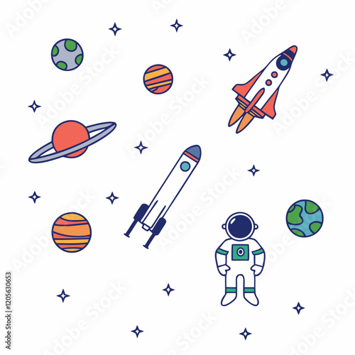 Space Exploration Illustration with Rockets, Planets, and Astronaut Highlighting Educational and Scientific Themes