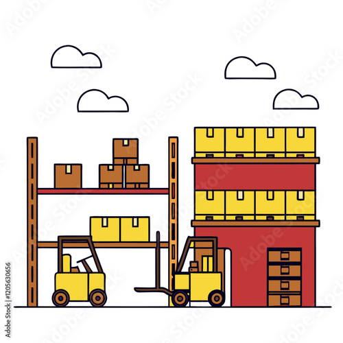Warehouse with Forklifts and Shelves Illustrating Modern Logistics Concepts