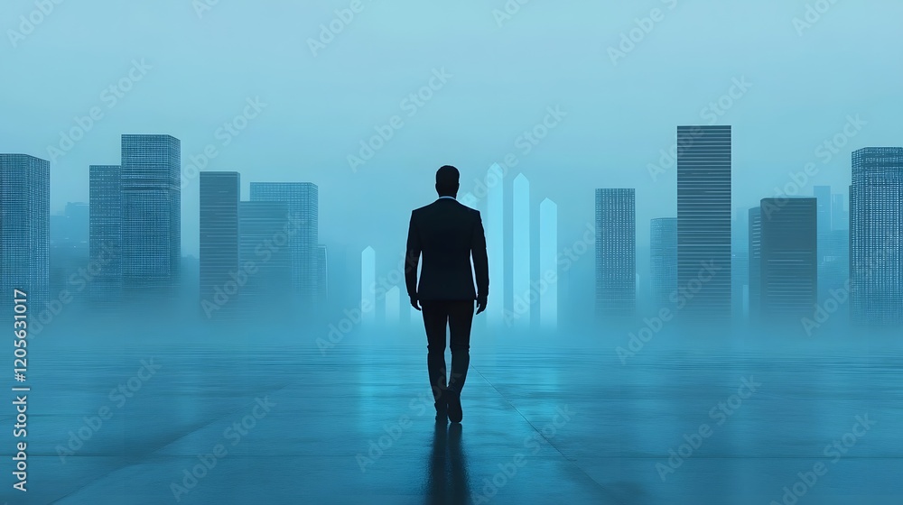 Businessman Navigating Futuristic Cityscape with Upward Trending Data Businessman Navigating Futuristic Cityscape with Upward Trending Data