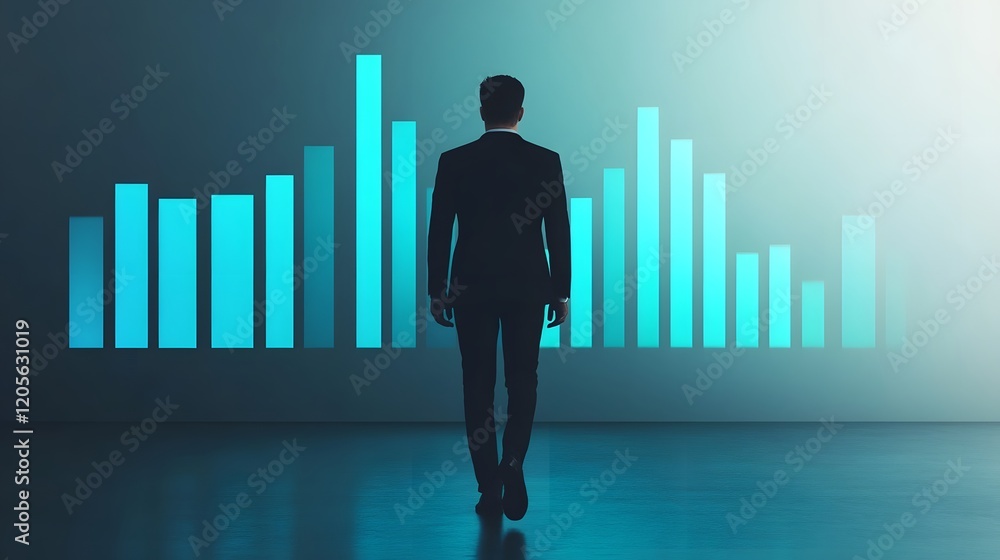 Confident Businessman Walks Towards Glowing Bar Chart of Growth and Success Confident Businessman Walks Towards Glowing Bar Chart of Growth and Success