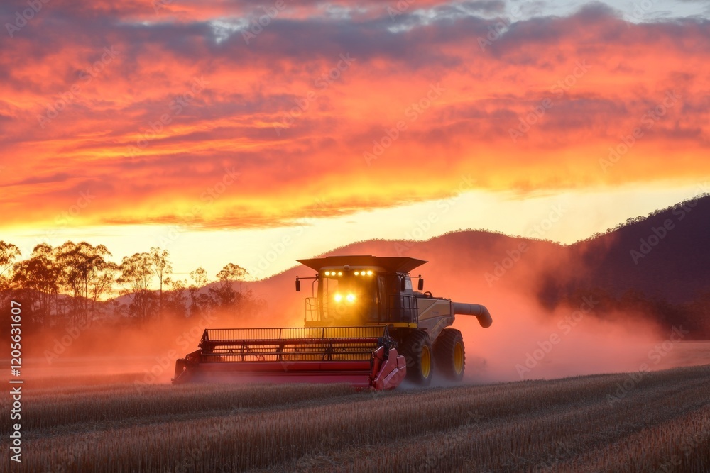 Fototapeta premium A combine harvester working in a wheat field under a vibrant sunset, with dust clouds glowing in the light