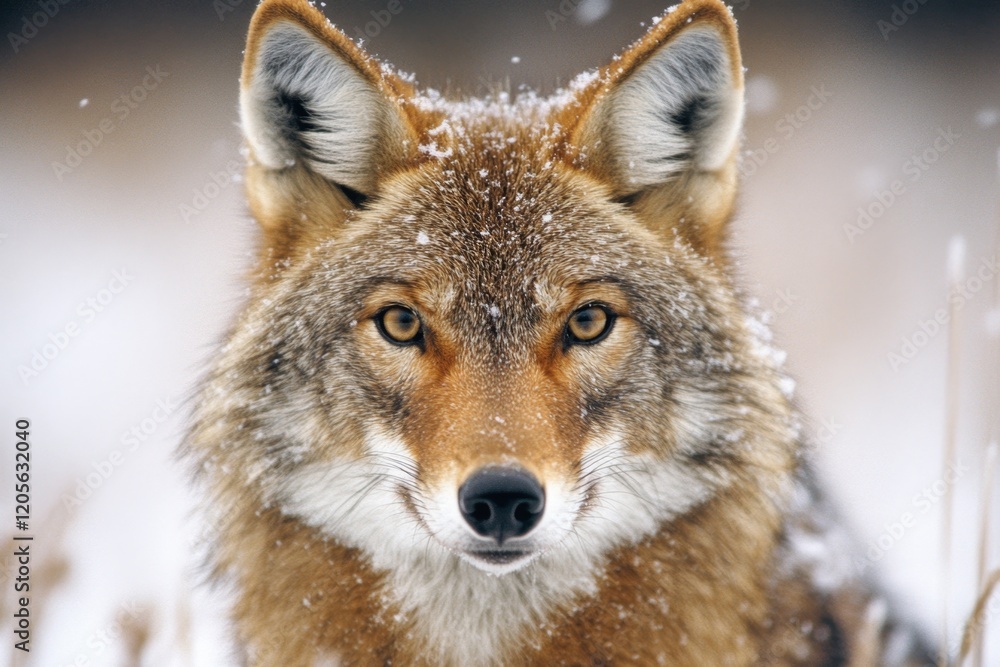 Obraz premium A coyote trotting through the snow in Yellowstone, with its sharp features standing out against the white landscape