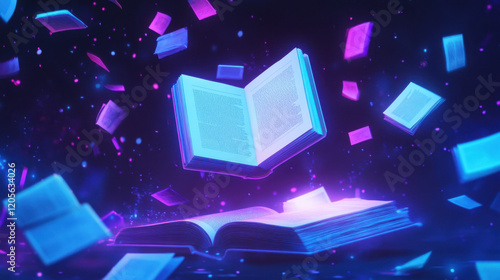 A vibrant scene features a floating book with illuminated pages, surrounded by smaller glowing books in various colors. Sparks of light enhance the magical atmosphere.