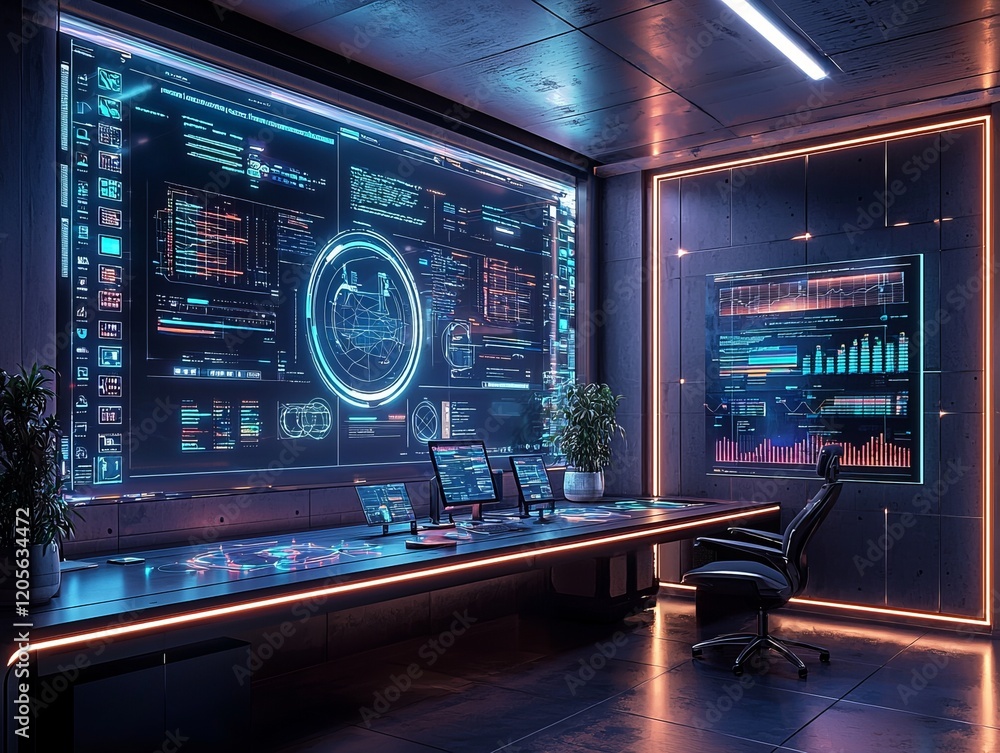 Futuristic workspace with advanced AI technology and digital displays. Futuristic workspace with advanced AI technology and digital displays.
