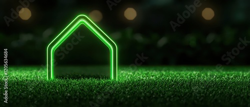 A glowing neon house symbol on a vibrant green grass background at night.