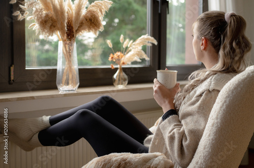 Junge Frau schaut aus dem Fenster, trinkt Tee und legt Füße zum Aufwärmen auf die Heizung