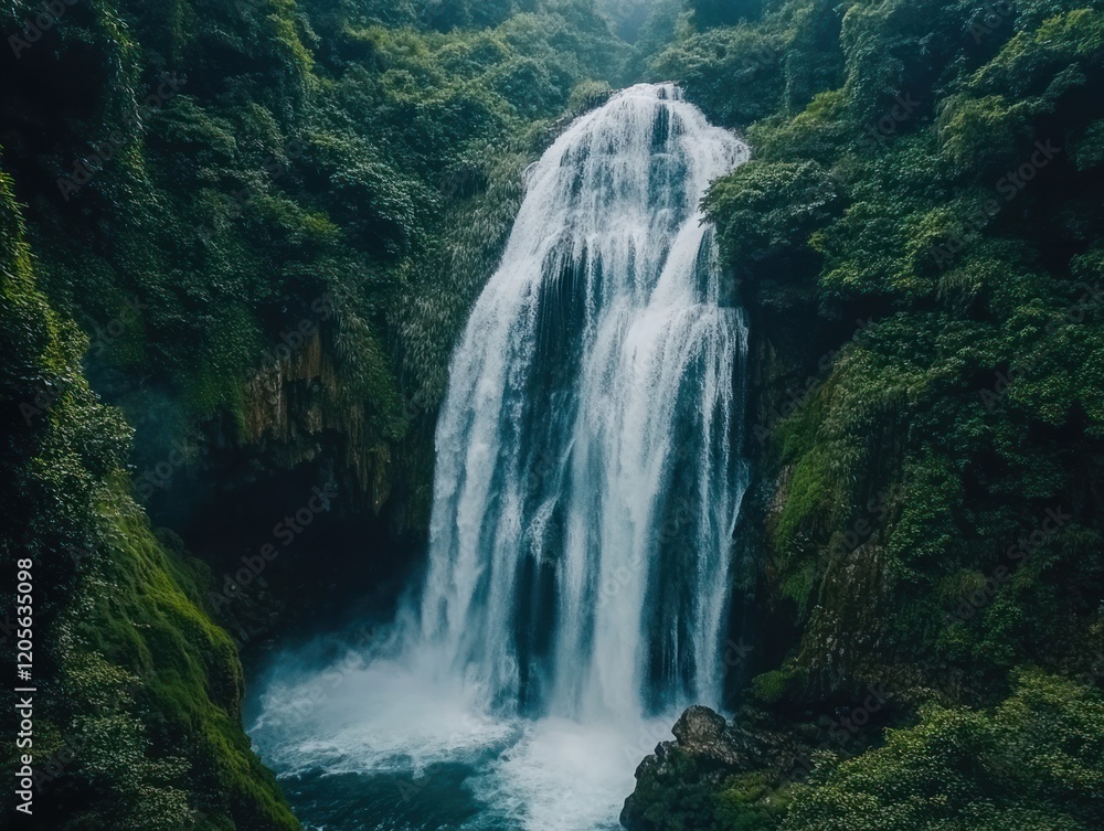 Obraz premium Magnificent Waterfall Cascading Through Lush Green Forest in Tranquil Nature