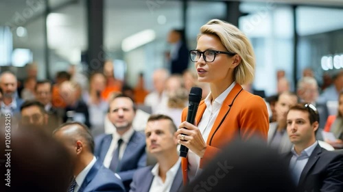 A woman is addressing a crowd at a public event, holding a microphone. She exudes confidence and captivates the audience with her public speaking