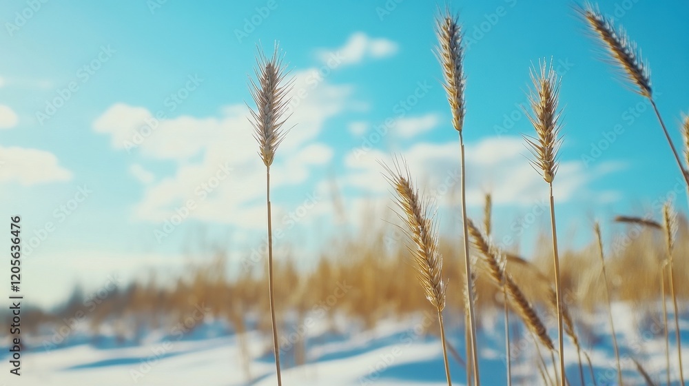 Fototapeta premium young winter wheat on blue sky background