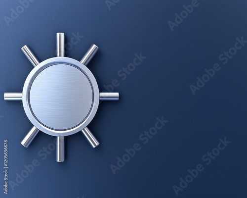 A sleek maritime steering wheel against a modern blue background. photo