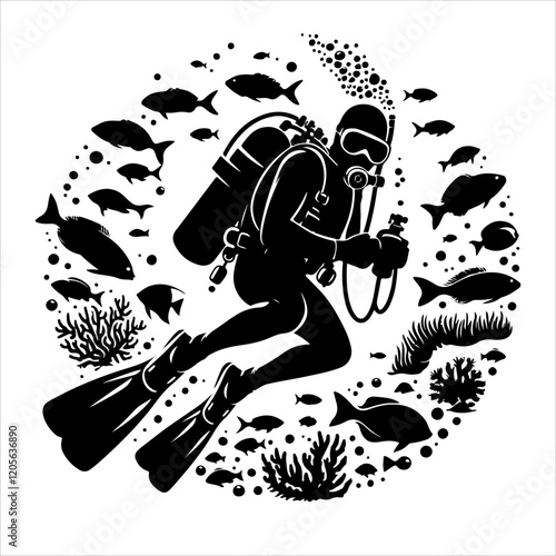 Scuba diving silhouette vector. Scuba diver logo icon vector on a white background. 