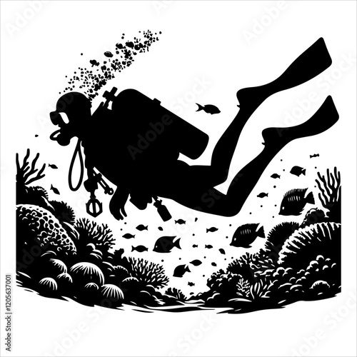 Scuba diving silhouette vector. Scuba diver logo icon vector on a white background. 