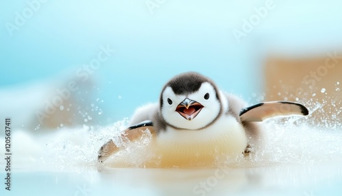 Adorable Playful Baby Penguin Sliding on Ice with Joyful Expression, Capturing the Charm and Movement of a Polar Habitat Witness the Cutest Penguin Chick's Thrilling Adventure on Icy Terrain, a photo