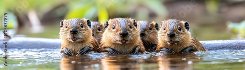 Astonishing Beaver Family Teamwork Building a Dam in a Forest Stream Witness the incredible collaborative efforts of a beaver family as they construct their dam, showcasing their exceptional photo