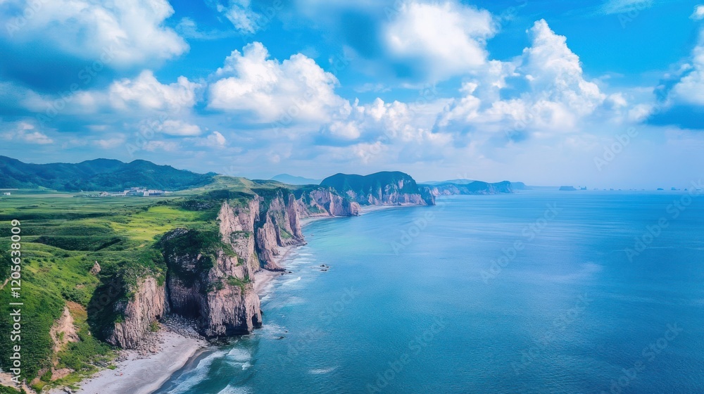 Fototapeta premium Panoramic view of a rocky coastline meeting the ocean under a cloudy sky landscape