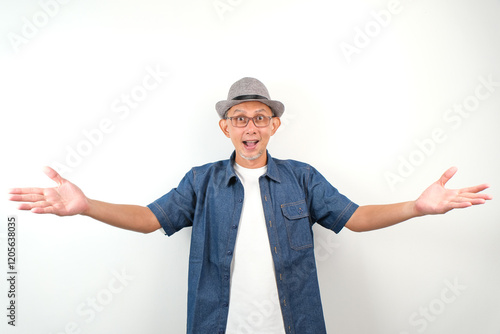 Adult Asian Man smiling with arms open want hug and greeting 
 photo