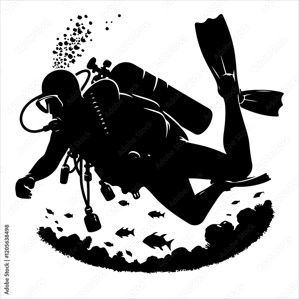 Fototapeta premium Scuba diving silhouette vector. Scuba diver logo icon vector on a white background. 