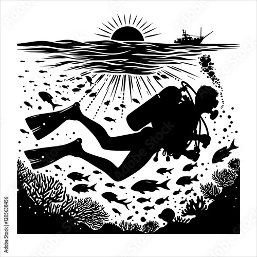 Scuba diving silhouette vector. Scuba diver logo icon vector on a white background. 