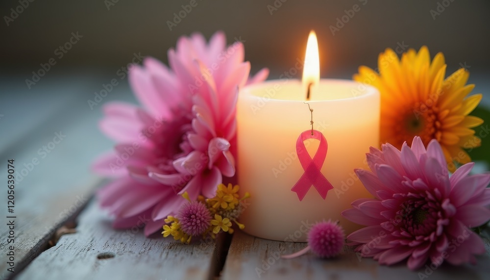 Delicate candle with flowers honoring cancer patients and survivors. Delicate candle with flowers honoring cancer patients and survivors.
