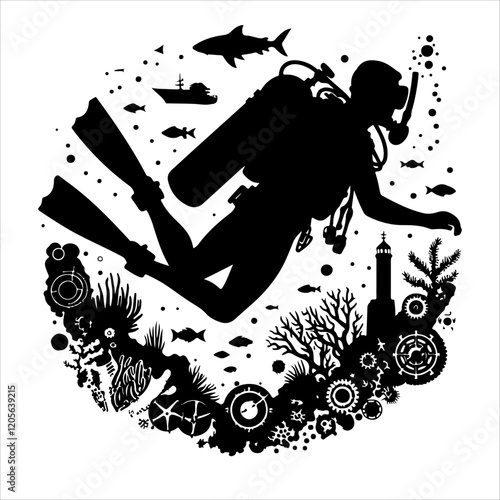 Scuba diving silhouette vector. Scuba diver logo icon vector on a white background. 