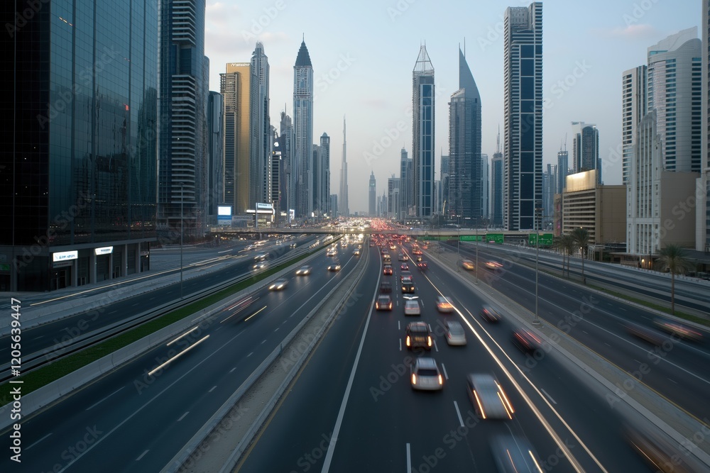 Fototapeta premium A busy city street with cars and tall buildings in the background. The cars are moving quickly and the sky is a beautiful blue color