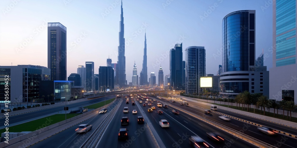A busy highway with many cars and a tall building in the background. The sky is a mix of blue and orange, creating a warm and inviting atmosphere A busy highway with many cars and a tall building in the background. The sky is a mix of blue and orange, creating a warm and inviting atmosphere