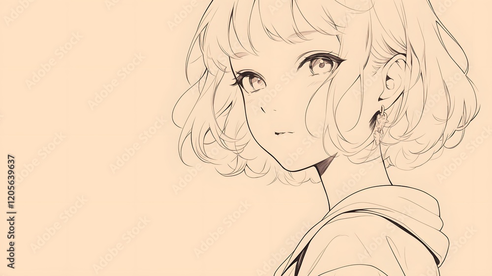 Line art sketch of an anime girl with short hair and bangs, ample copy space on the side for text Line art sketch of an anime girl with short hair and bangs, ample copy space on the side for text