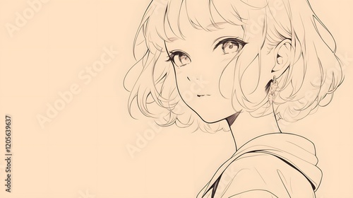 Line art sketch of an anime girl with short hair and bangs, ample copy space on the side for text