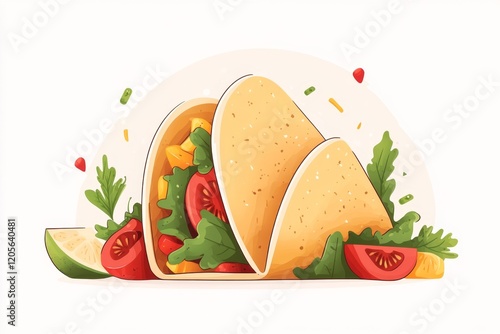 A flat 2D illustration of a colorful taco filled with vibrant ingredients like lettuce, tomatoes, and cheese, on a clean white canvas photo