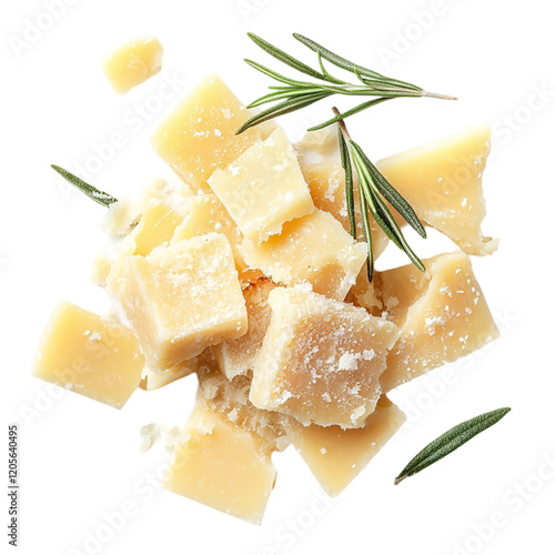 Pieces of parmesan cheese with rosemary isolated on transparent background.