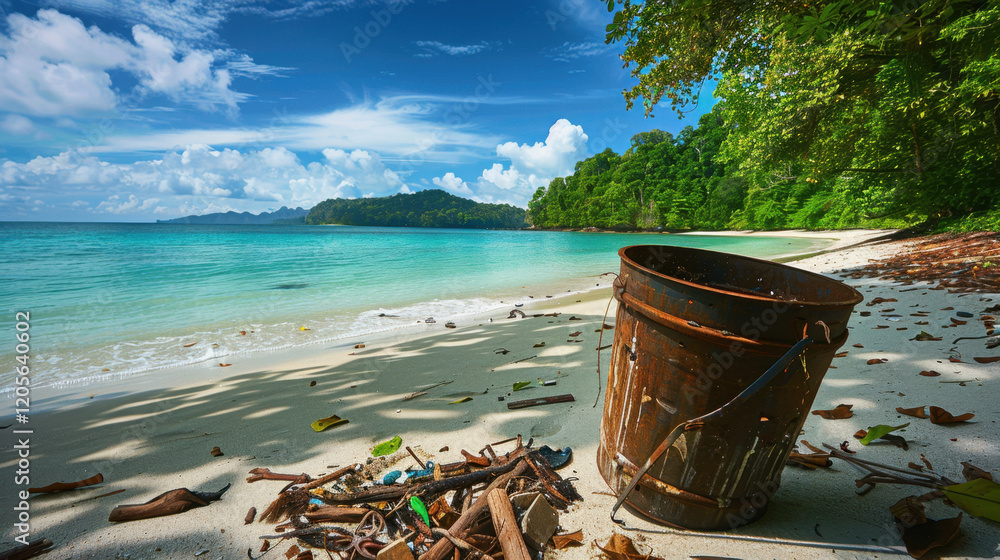 Naklejka premium serene beach scene featuring rusty bucket on shore, surrounded by driftwood and lush greenery. clear turquoise water and blue sky create tranquil atmosphere
