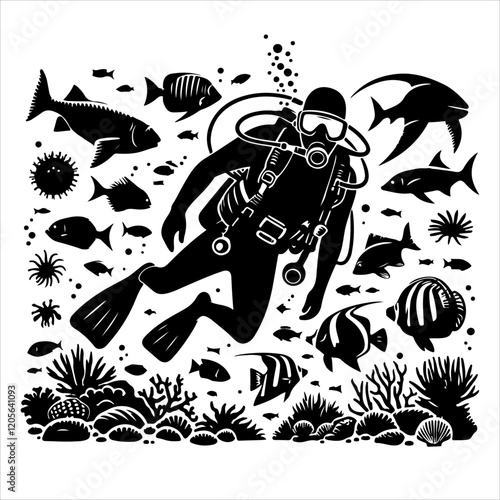 Scuba diving silhouette vector. Scuba diver logo icon vector on a white background. 