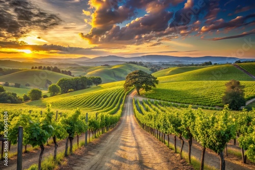 Wallpaper Mural Serene Sunset Vista Over Rolling Vineyard Hills with a Dirt Road Leading to a Majestic Tree Torontodigital.ca