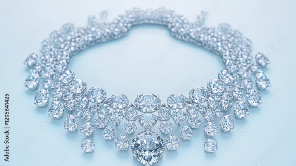 Obraz premium A modern diamond necklace on a pale blue background, with intricate details highlighted.