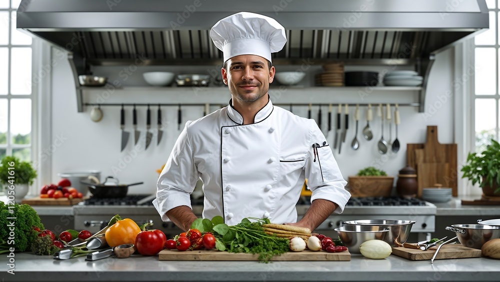 Skilled Chef Preparing Delicious Dishes in a Pristine, Modern Kitchen with High-End Appliances