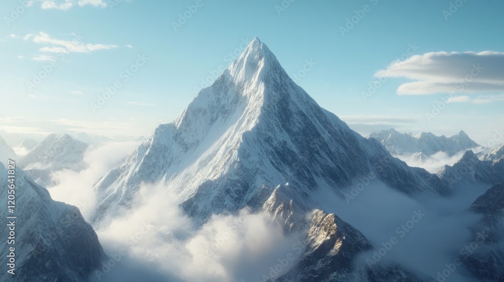 Fototapeta premium Majestic snow covered mountain peak piercing the sky with clouds in the valley