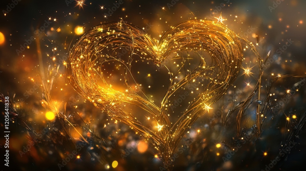 Obraz premium A delicate heart made from intertwining golden vines, adorned with tiny sparkling stars and celestial patterns.