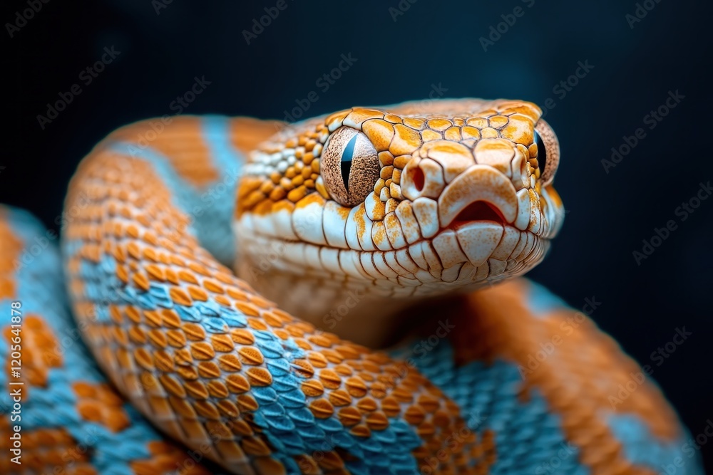 Macro Photography A Stunning Close-Up of a Snake's Intricate Scales, Revealing Vivid Orange and Blue Color Patterns with Exceptional Sharpness and Detail This high-resolution image showcases the Macro Photography A Stunning Close-Up of a Snake's Intricate Scales, Revealing Vivid Orange and Blue Color Patterns with Exceptional Sharpness and Detail This high-resolution image showcases the