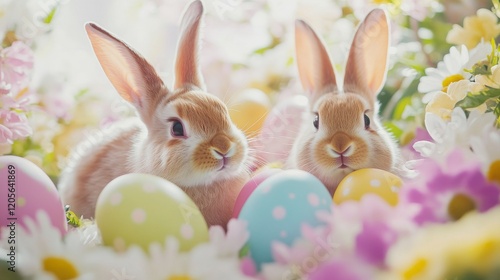 Wallpaper Mural Two adorable bunnies peek from behind colorful Easter eggs and flowers, a sweet spring celebration of new life and springtime joy. Torontodigital.ca