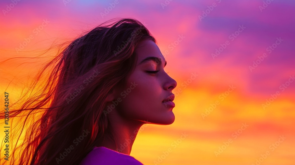 Fototapeta premium Serene Sunset Profile of a Woman