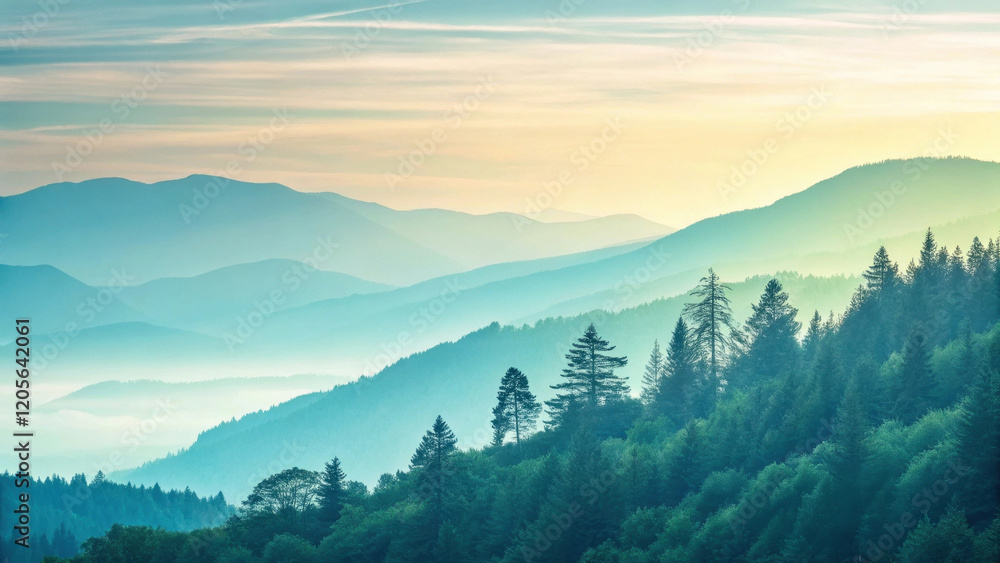 Obraz premium Mountain Range Illuminated at Sunrise with Coniferous Trees