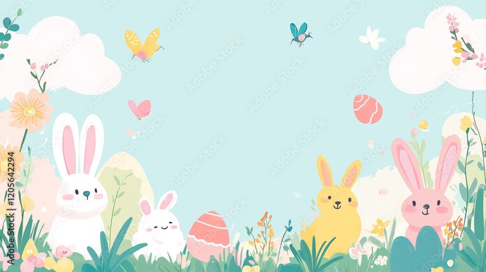 Delicate pastel easter background illustration with cute bunnies, butterflies and easter eggs on a soft blue sky with clouds and flowers Delicate pastel easter background illustration with cute bunnies, butterflies and easter eggs on a soft blue sky with clouds and flowers